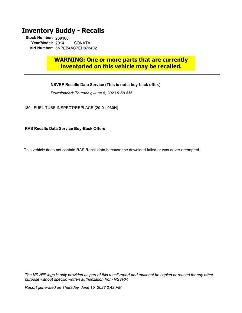 Donor vehicle 2014 Hyundai Sonata (Stock #239186)