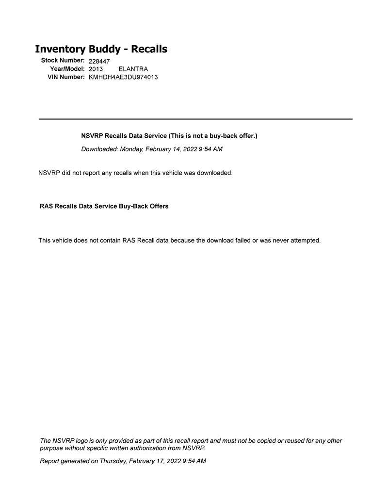 Donor vehicle 2013 Hyundai Elantra (Stock #228447)