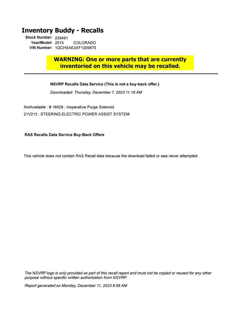 Donor vehicle 2015 Chevrolet Colorado (Stock #239491)